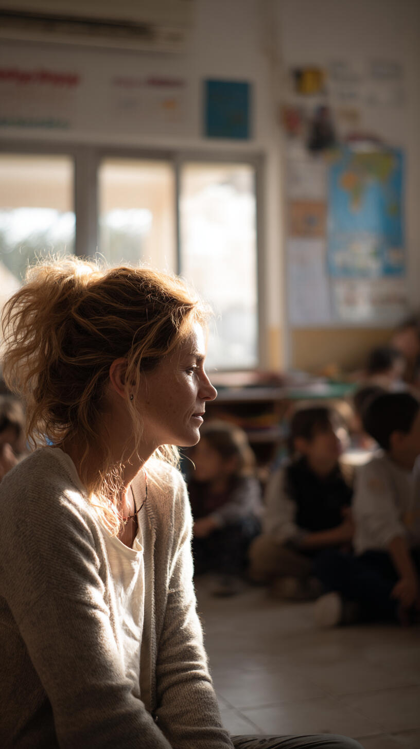 Teacher engaged with students in afternoon classroom light